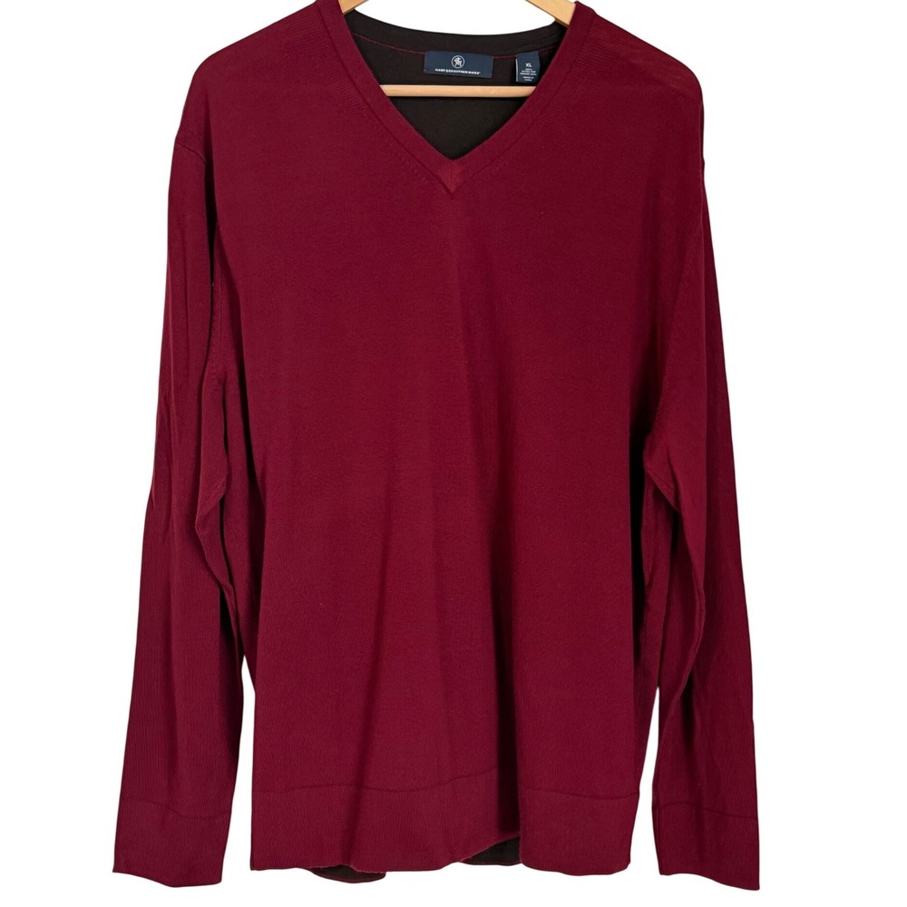 Mens Merino Wool V-Neck Sweater Size XL‎ Burgundy Minimalist Layering Classic